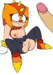  1girl 2023 black_eyes blush breasts classic_sonic_(universe) exposed_breasts exposed_pussy fuggin huge_penis lizard looking_at_penis medium_breasts nervous pussy sega sonic_superstars sonic_the_hedgehog_(series) spikes spread_legs sungazer_lizard sweatdrop torn_clothing trip_the_sungazer 