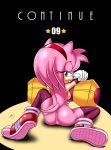  1girl 2016 amy_rose andersonicth anthro ass black_nose clothing english_text footwear furry gloves green_eyes hair half-closed_eyes hammer headband hedgehog high_res legwear mammal naughty_face nude pink_hair pussy sega short_hair signature sitting smile sonic_boom text tongue tongue_out tools video_games 