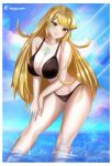  1girl 1girl 1girl alluring bikini blonde_hair breasts cleavage female_only langspower looking_at_viewer mythra nintendo swimsuit xenoblade_(series) xenoblade_chronicles_2 yellow_eyes 