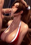  1boy 1girl artist_name balls bare_shoulders big_breasts brunette caucasian cleavage cum cum_on_chest cum_on_chin fatal_fury fellatio hand_on_head indoors king_of_fighters long_hair luminyu mai_shiranui milf non-nude on_knees oral penis ponytail precum revealing_clothes sexy shiranui_mai slut 