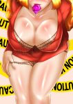  1girl big_breasts breasts caution_tape cleavage condom condom_in_mouth condom_wrapper female_only powerpuff_girls sara_bellum usagiforehead 