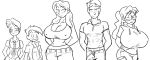 2boys 3girls blush breasts cleavage clothes corset giant_breasts glasses hair hoodie huge_breasts jon_freeman long_hair lucky-curse midriff multiple_boys multiple_girls nipples ponytail short_hair tight_clothes 