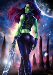 alien alien_girl big_ass butt dat_ass female gamora green_body green_skin guardians_of_the_galaxy hair hi_res humanoid looking_back marvel melee_weapon not_furry purple_eyes purple_hair red_eyes red_hair shadman solo space sword text url weapon