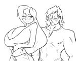  1boy 1girl arms_crossed bara big_breasts blush breasts cleavage hair huge_breasts hyper_breasts incest jon_freeman long_hair lucky-curse midriff muscle seductive 