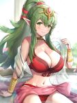1girl absurd_res alluring alternate_costume arm_support bangs bare_shoulders big_breasts bikini blush bracelet breasts cleavage closed_mouth collarbone female_only fire_emblem fire_emblem_awakening fire_emblem_heroes gonzarez green_eyes green_hair groin hair_ornament high_ponytail high_res jewelry lips long_hair looking_at_viewer navel nintendo official_alternate_costume partially_submerged petals pink_sarong pointy_ears ponytail red_bikini red_swimsuit revision sarong shawl shiny shiny_hair shiny_skin simple_background sitting smile solo_female stomach swimsuit tiara tied_hair tiki_(adult)_(fire_emblem) tiki_(adult)_(summer)_(fire_emblem) tiki_(fire_emblem) very_long_hair wariza water water_drop wet