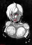  big_breasts black_background blood breasts cigarette cleavage fangs goth grey_skin grin hair inviting looking_at_viewer pale_skin presenting shadman smile tattoo vampire white_hair 