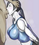  1boy 1girl blush breasts clothed_female_nude_male cum deepthroat facefuck fellatio hand_on_head head_grab huge_breasts kio_(fh0421) long_hair nintendo oral penis pixiv_manga_sample resized saliva sweat testicles uncensored wii wii_fit wii_fit_trainer 