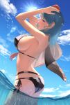  1girl 1girl 1girl absurd_res alluring alternate_costume arms_up ass ass_cleavage bare_arms big_ass big_breasts bikini black_bikini black_swimsuit blue_sky breasts butt_crack byleth_(female)_(summer)_(fire_emblem) byleth_(fire_emblem) byleth_(fire_emblem)_(female) cloud cloudy_sky covered_nipples cowboy_shot day female_only fire_emblem fire_emblem:_three_houses fire_emblem_heroes flower from_side green_hair hair_flower hair_ornament hands_on_own_head high_res lens_flare medium_hair nintendo official_alternate_costume outside parted_lips partially_submerged partially_underwater_shot parupome purple_eyes red_flower sideboob skindentation sky sparkle strap_gap sun sunlight swimsuit teal_hair thighs twitter_username underwater wading water water_drop wristband 
