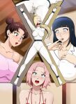  ball_gag ballerina_outfit black_hair blonde_hair blue_eyes blush bondage breasts brunette bunnysuit comic full_color hair_over_one_eye hinata_hyuuga ino_yamanaka modeling models_of_your_desires naruto naruto_shippuden nude outfit photo_(object) photoshoot pink_hair sakura_haruno sleepover source_request spread_eagle stormfeder tenten tied_up x_frame 