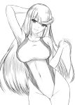  1girl 1girl alluring alternate_costume arm_behind_head bare_shoulders commentary_request greyscale groin high_res long_hair looking_at_viewer minakami_miyon monochrome mythra one-piece_bikini simple_background smile standing swimsuit teeth white_background xenoblade_(series) xenoblade_chronicles_2 