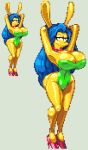  big_breasts blue_hair breasts bunny_girl grey_background hair lowres marge_simpson the_simpsons yellow_skin 