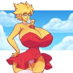  1boy 1girl 1girl 2021 bart_simpson blonde_hair blue_eyes breasts cleavage color dress exposed_panties giantess gigantic_breasts huge_breasts huge_cock lisa_simpson looking_at_viewer male n647 nipple_bulge pantyshot size_difference the_simpsons thick_thighs voluptuous wide_hips yellow_skin 