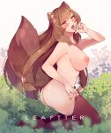  1girl animal_ears ass big_breasts blush breasts brown_hair fellatio_gesture fingernails kneel leaftter long_hair looking_at_viewer naked_stockings naked_thighhighs nature nude open_mouth outside pink_eyes raccoon_ears raccoon_tail raphtalia sideboob stockings tail tate_no_yuusha_no_nariagari thighhighs_pull tongue tongue_out 