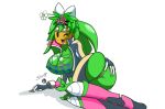  1girl anal_fingering blaster_master_zero_2 boots dot_eyes female_only fingering gloves green_hair green_skin kanna_(blaster_master) long_hair open_mouth partially_clothed pinup pussy pussy smile stranga watermelon_bra watermelon_nets 