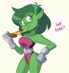  1girl 2018 5_fingers beast_girl big_ass big_breasts blush brokenlynx canon_genderswap cartoon_network clothed clothed_female cute dc_comics eating genderswap gloves green_eyes green_hair green_skin grey_gloves human leotard pizza pointy_ears purple_leotard tagme teen_titans_go thick_thighs 