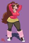 1girl big_breasts bra_strap breasts brown_eyes brown_hair cleavage darkeros gravity_falls hands_behind_head happy leg_warmers leggings long_hair looking_at_viewer mabel_pines open_mouth ponytail sneakers sweater thick_thighs thighs wide_hips