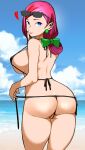  1girl alternate_hairstyle ass back_view beach big_ass big_breasts bikini black_bikini blue_eyes breasts butt_crack clouds cowboy_shot creatures_(company) earrings esouko eyewear female_focus female_only finger_to_mouth game_freak hairbow heart high_res huge_breasts human human_only humans_of_pokemon jessie_(pokemon) long_hair looking_at_viewer looking_back mature mature_female micro_bikini musashi_(pokemon) nintendo outside pink_hair pokemon pokemon_(anime) pokemon_(game) ponytail pussy pussy_floss red_hair seaside shushing side-tie_bikini sideboob sky solo_female solo_focus sunglasses sunglasses_on_head swimsuits team_rocket thick_thighs thong undressing water wide_hips 