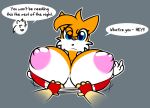  1girl big_breasts breasts canid canine clothing english_text fox genderswap huge_breasts mammal miles_&quot;tails&quot;_prower millie_tailsko nipples norithics sega sharking sonic_the_hedgehog sonic_the_hedgehog_(series) text topwear tube_top 