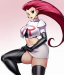  1girl big_breasts black_thighhighs blue_eyes boots clothed_female earrings eye_contact female_focus female_only high_res humans_of_pokemon jessie_(pokemon) long_hair looking_at_viewer mature mature_female musashi_(pokemon) nintendo pokemon pokemon_(anime) red_eyes solo_female solo_focus stockings team_rocket thick_thighs thigh_gap thigh_high_boots thighs zeshgolden 