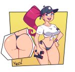  1girl alternate_hairstyle artist_name ass big_ass big_breasts bikini_bottom black_thong blue_eyes clothed_female eye_contact female_focus female_only hat high_res huge_breasts humans_of_pokemon jessie_(pokemon) long_hair looking_at_viewer mature mature_female musashi_(pokemon) nintendo no_pants noctz pale-skinned_female pale_skin pokemon pokemon_(anime) ponytail red_hair shirt side-tie_bikini solo_female solo_focus team_rocket thick_ass thick_thighs thighs thong white_background 