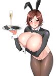  1girl 1girl absurd_res alcohol alluring areola_slip big_breasts blush bow bowtie breasts brown_eyes brown_hair bunny_outfit champagne cleavage condom condom_wrapper covering covering_breasts do_konjouuo heart_maebari heart_pasties high_res holding kazama_asuka maebari meme_attire namco pasties pill playboy_bunny reverse_bunnysuit reverse_outfit stockings sweat tekken wine_glass 