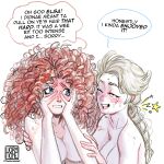  1girl after_sex brave crossover curly_hair disney disney_princess elsa embarrassed embarrassed_nude_female freckles frozen_(movie) happy human merida nude pussy_juice_on_face red_hair scottish smile thehormone white_hair 