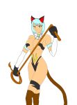 ace_attorney alternate_species bare_shoulders breasts capcom catgirl company_connection earrings female_abs female_focus female_only franziska_von_karma grey_eyes hips navel neck_bow nekohybrid thighs turquoise_hair whip