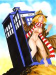  1girl barry_blair blonde_hair breasts cosplay doctor_who fourth_doctor hat nipples nude pussy romana romana_(doctor_who) scarf 