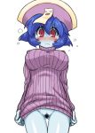  &gt;_&lt; 1girl :3 blue_hair blue_skin blush blush_stickers bottomless breasts capcom closed_eyes cute darkstalkers flipped_hair frown hair hat headgear hsien-ko jiangshi large_breasts lei_lei naked_sweater no_panties ofuda open_mouth pubic_hair pussy red_eyes ribbed_sweater short_hair solo sweater sweater_tug tsukudani tsukudani_(coke-buta) turtleneck vampire_(game) 