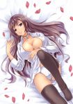  1_girl 1girl art babe big_breasts black_hair black_legwear breasts cleavage female jewelry large_breasts long_hair looking_at_viewer lying necklace on_back open_clothes open_shirt original panties purple_eyes ryo_(sora-ryu) shirt solo stockings thighhighs underwear 