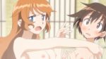  16:9_aspect_ratio 1girl 2_girls angry bath big_breasts blue_eyes breasts brown_eyes brown_hair charlotte_e_yeager female_only high_resolution long_hair miyafuji_yoshika multiple_girls nipples nude open_mouth orange_hair screen_capture screencap short_hair strike_witches world_witches_series 