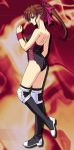 1girl arm art boots brown_hair clenched_hand female fire gradient gradient_background hair_ribbon knee_boots legs leotard long_hair looking_at_viewer looking_back ponytail ribbon serious solo strapless thunder_ryuko wrestle_angels wrestle_angels_survivor wrestler wrestling_outfit wristband 