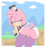  1girl amy_rose ass bent_over bluebreed blush breasts green_eyes hat looking_at_viewer looking_back nipples pink_hair pussy short_hair smile sonic_(series) tail 