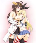  2girls :o ahoge anchor anthropomorphization art ass babe bare_shoulders between_legs big_breasts black_panties black_skirt blonde blonde_hair blue_skirt blush breast_grab breast_pillow breasts breasts_out breasts_outside brown_hair cleavage detached_sleeves elbow_gloves frilled_skirt frills gloves green_eyes groping hair hair_between_eyes hairband headgear high_res highleg highleg_panties highres hug hugging japanese_clothes kantai_collection kongou_(kantai_collection) large_breasts legs long_hair looking_at_another love matsuri_miko midriff multiple_girls mutual_yuri neck nipples off_shoulder open_clothes panties personification pleated_skirt purple_eyes school_uniform shimakaze_(kantai_collection) smile standing stockings striped striped_legwear striped_thighhighs thighhighs thong underwear undressing white_gloves wide_sleeves yuri 