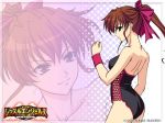  1girl arm arms art babe back bare_back bare_legs bare_shoulders breasts brown_hair clenched_hand hair_ribbon legs leotard long_hair neck official_art ponytail purple_eyes ribbon serious smile strapless thunder_ryuko wrestle_angels wrestle_angels_survivor wrestler wrestling_outfit wristband zoom_layer 