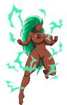 1girl ale-mangekyo areolae big_breasts breasts brown_skin commission female female_only full_body green_eyes green_hair lightning nipples nude solo