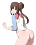  1_girl 1girl ass bangs big_breasts blue_eyes blush bottomless breasts brown_hair double_bun female female_human female_only long_hair long_sleeves looking_at_viewer mei_(pokemon) naked_from_the_waist_down no_panties open_mouth pokemon pokemon_(game) pokemon_black_2_&amp;_white_2 pokemon_character protagonist_(pokemon) raglan_sleeves rosa rosa_(pokemon) simple_background solo standing sungpark tied_hair twin_tails white_background 
