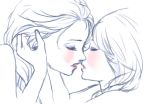  2_girls 2girls anna_(frozen) blush closed_eyes disney elsa elsa_(frozen) female/female female_only frozen_(movie) hong_(bee1100) incest incipient_kiss kissing lowres monochrome multiple_girls mutual_yuri siblings sisters sketch spot_color yuri 