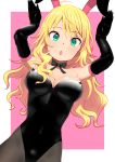  1girl ahoge animal_ears blonde_hair breasts bunny_ears bunny_pose bunnysuit green_eyes hoshii_miki idolmaster long_hair open_mouth pantyhose pettan_p simple_background solo 