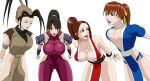  4girls animated animated_gif antenna_hair armor bare_shoulders bent_over big_breasts black_hair bodysuit bouncing_breasts breasts brown_eyes brown_hair capcom cleavage closed_eyes clothed_sex collarbone crossover dead_or_alive fatal_fury gif hair high_ponytail hips huge_breasts ibuki ibuki_(street_fighter) japanese_clothes kasumi kasumi_(doa) king_of_fighters legs long_hair mai_shiranui multiple_girls namco necrolust ninja ponytail shiny shiny_skin shiranui_mai shoulder_pads simple_background skin_tight smile snk soul_calibur spandex street_fighter taki taki_(soulcalibur) tecmo white_background wide_hips 
