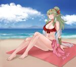  1girl 1girl 1girl ;) absurd_res alluring alternate_costume bare_legs barefoot beach big_breasts bikini breasts cleavage collarbone commentary_request commission female_only fire_emblem fire_emblem_awakening fire_emblem_heroes full_body green_eyes green_hair hair_ornament hazuki_(nyorosuke) high_res knees_up legs long_hair looking_at_viewer navel nintendo ocean official_alternate_costume on_towel one_eye_closed outside pointy_ears ponytail red_bikini red_swimsuit ribbon sarong see-through sitting skeb_commission smile swimsuit tiara tiki_(adult)_(fire_emblem) tiki_(adult)_(summer)_(fire_emblem) tiki_(fire_emblem) toes towel veil wink 