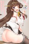  1girl 1girl 1girl ;d ahoge asaga_aoi ass bangs bare_shoulders black_skirt breasts brown_hair cup detached_sleeves double_bun erect_nipples erect_nipples_under_clothes eyebrows_visible_through_hair grey_legwear hairband holding holding_cup huge_ass kantai_collection kongou_(kantai_collection) long_hair long_sleeves looking_at_viewer medium_breasts miniskirt nipples nontraditional_miko nopan one_eye_closed open_mouth pleated_skirt posterior_cleavage purple_eyes remodel_(kantai_collection) ribbon-trimmed_sleeves ribbon_trim skirt smile stockings tea teacup translation_request twitter_username wafuku wide_sleeves wink 