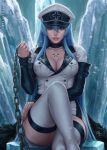1girl 1girl 1girl akame_ga_kill! blue_eyes blue_hair blush chest_tattoo crossed_legs curvaceous curvy esdeath female_only high_res high_resolution huge_breasts human ice leash long_hair looking_at_viewer sciamano240 seductive seductive_smile sitting solo_female thick_thighs