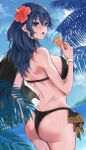  1girl 1girl 1girl alluring alternate_costume ass back back_view bare_back beach big_ass big_breasts bikini black_bikini black_swimsuit blue_eyes breasts byleth_(female)_(summer)_(fire_emblem) byleth_(fire_emblem) byleth_(fire_emblem)_(female) capelet day eating female_only fire_emblem fire_emblem:_three_houses fire_emblem_heroes flower from_behind hair_flower ice_cream long_hair looking_at_viewer looking_back mokichi_xx nintendo ocean official_alternate_costume open_mouth outside palm_tree standing swimsuit teal_hair tree wet 