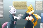  1girl 2015 anthro areola big_breasts biting_lip breasts canine closed_eyes clothing crossgender crossover digital_media_(artwork) duo erect_nipples facepalm fox fur furry legendary_pok&eacute;mon lonbluewolf mammal mewtwo miles_&quot;tails&quot;_prower multiple_tails navel neck_tie nintendo nipples office open_jacket plant pokemon purple_eyes sega uniform video_games water_cooler 