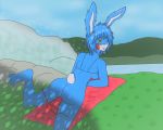 ass blue_hair blue_skin bonnie_(fnaf) bonnie_(fnia) bunny_ears bunny_girl bunny_tail five_nights_at_freddy&#039;s five_nights_at_freddy&#039;s_2 five_nights_in_anime fnia fnia_hentai furry green_eyes nature panties_down pussy rabbit_girl rabbit_tail resting river robot robot_girl semi_nude summer sunbathing towel water