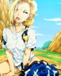  1girl after_sex android_18 blonde_hair blue_eyes breasts covered_nipples cum_covered denim disgusted dragon_ball dragon_ball_z earrings hairu jeans jewelry necklace panties pants pants_down questionable_consent see-through see-through_clothes sexually_suggestive short_hair small_breasts solo suggestive_fluid tongue underwear white_panties 