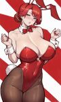 1girl ai_generated big_breasts blush bowtie bowtie_collar bunny_ears bunnysuit female_only huge_breasts rabbit_tail red_bodysuit red_eyes red_hair red_nails redhead stockings thighs tied_hair