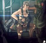  1boy 1girl big_boss bikini blue_eyes breasts brown_hair cleavage cum cum_in_mouth explosive facepaint fellatio front-tie_bikini front-tie_top grenade gun hetero highres holster jesus_avalos long_hair metal_gear_(series) metal_gear_solid metal_gear_solid_v mismatched_gloves nice_tits open_fly oral overflow pantyhose penis planted_weapon ponytail pumpkinsinclair quiet quiet_(metal_gear) rifle sideboob single_elbow_glove sitting sniper_rifle soldier suspenders swimsuit thigh_holster torn_clothes torn_pantyhose uncensored unzipped weapon 