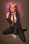 blush breasts brown_hair harry_potter hermione_granger humiliation hypnosis incase nipples open_mouth red_lipstick school_uniform tongue torn_clothes wand